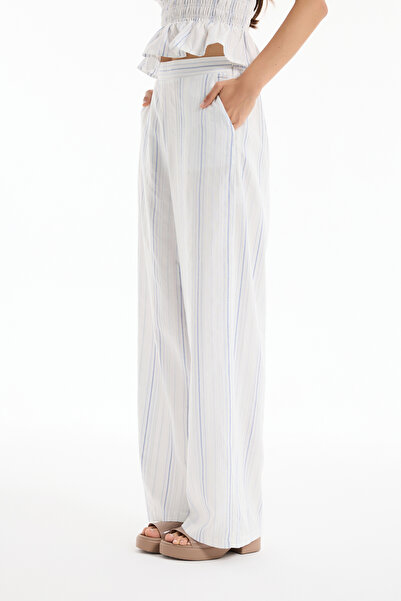 Quzu İnce Çizgili Yüksek Bel Pantolon Ekru
