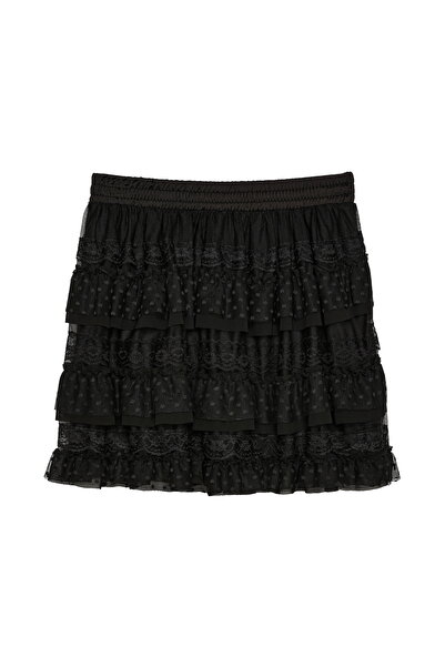 Quzu Чорна мереживна спідниця - багатошарова з воланами