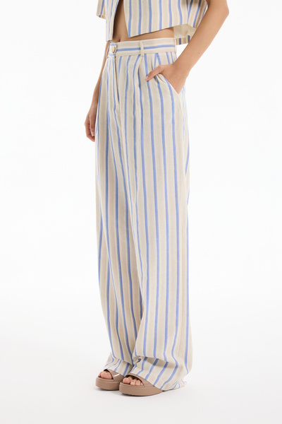 Quzu Kalın Çizgili Düz Kesim Pantolon Ekru