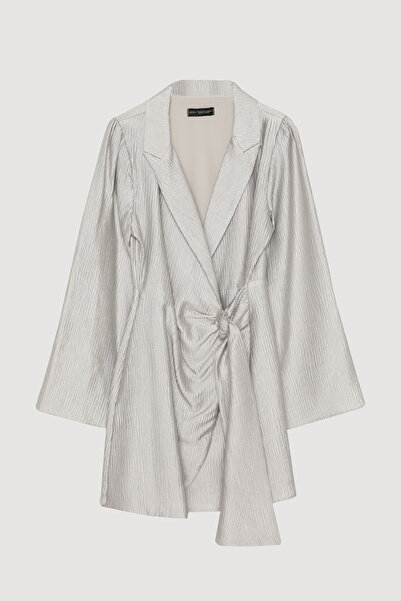 Quzu فستان رمادي قصير - مزدوج الصدر مزين برباط