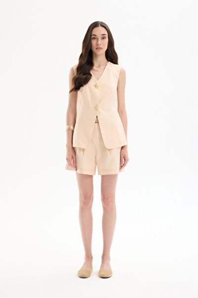 Quzu Γιλέκο με διπλό κουμπί V λαιμόκοψη Μπεζ