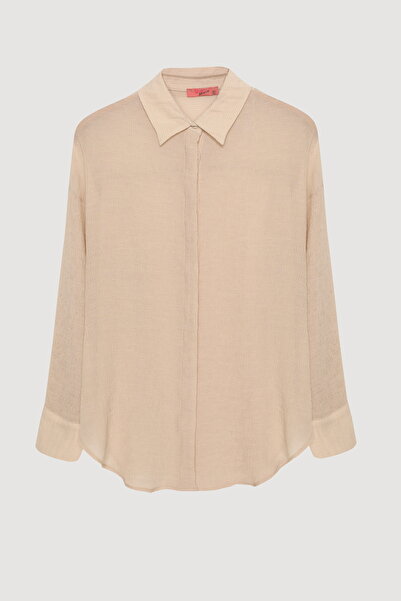 Quzu Düğmeli Oversize Dokulu Gömlek Taş