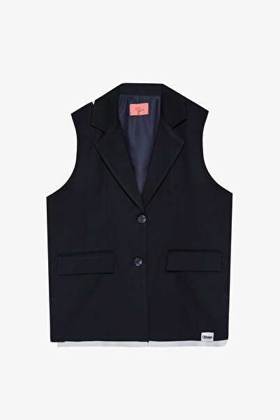 Quzu Oversize Vest Jacket with Fabric Garnish and Label Accessories Navy Blue