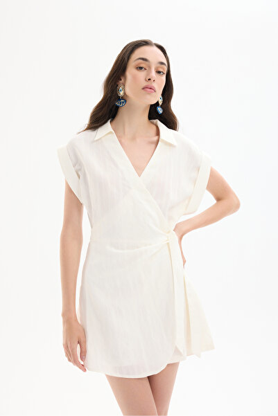 Quzu Kruvaze Yaka Beli Bağlamalı Şort Tulum Ekru