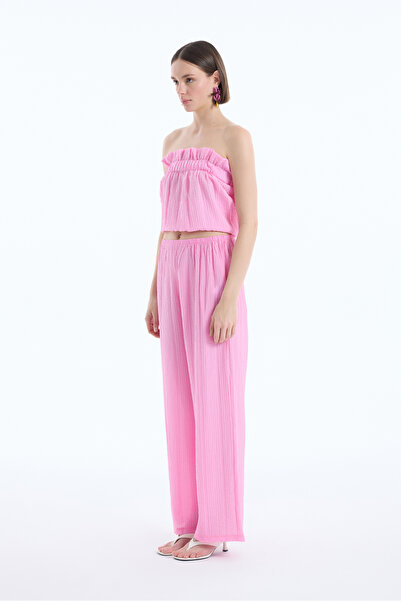Quzu Gofre Kumaş Geniş Paça Pantolon Pembe