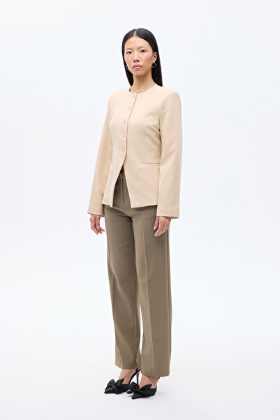 Quzu Round Neck Buttoned Blazer Jacket Stone