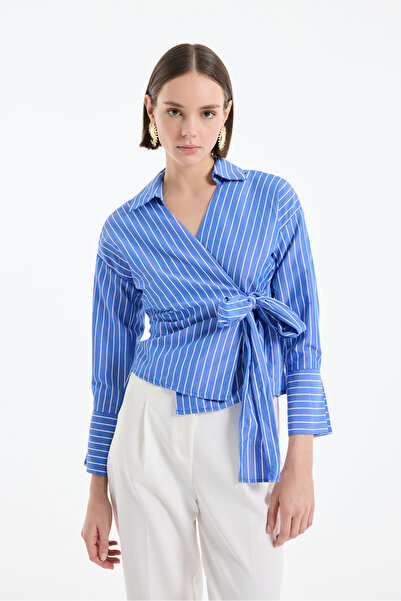 Quzu Διπλό Δεμένο Ριγέ Μπλούζα Σκούρο Μπλε