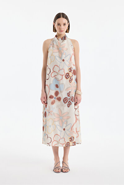 Quzu Довга сукня з відкритою спиною, з візерунком, з льону, що зав'язується на шиї, натурального кольору