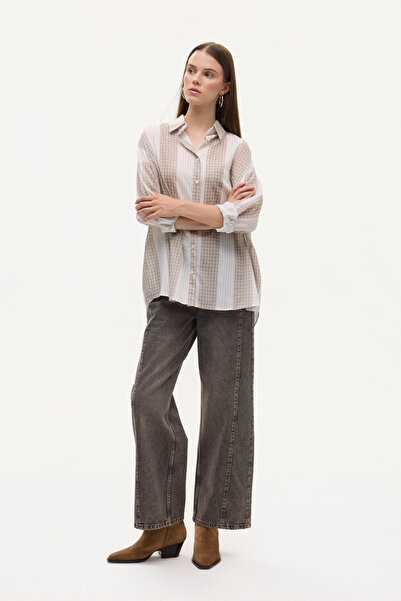 Quzu Cămașă oversize cu garnitură în carouri în dungi Ecru