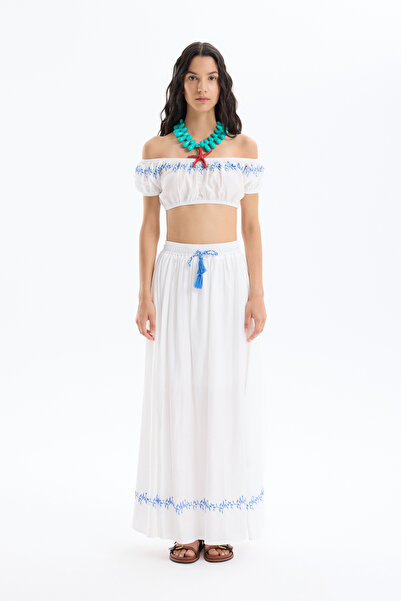 Quzu Beli Lastikli Etek Ucu Nakışlı Midi Etek Ekru