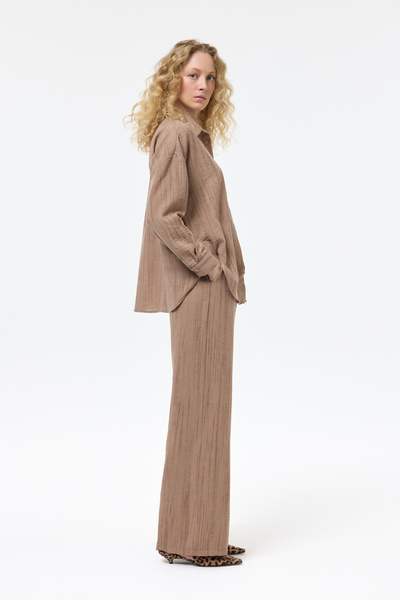 Quzu Brown Bead String Tied Textured Trousers