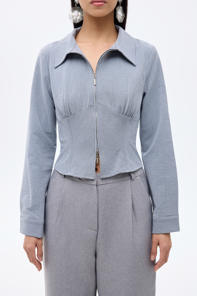 Quzu Klasik Yaka Önü Fermuarlı Dokulu Gömlek Gri