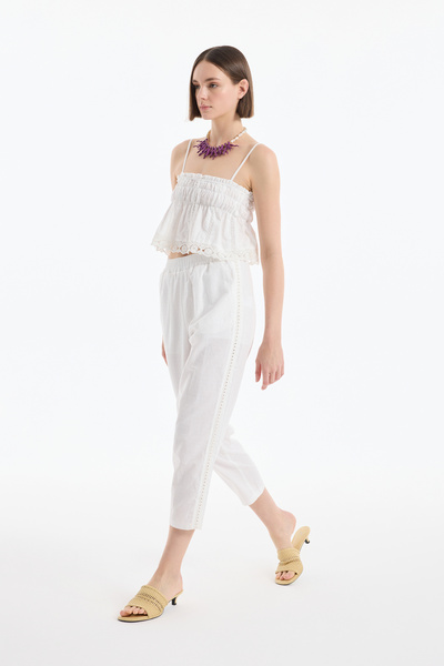 Quzu Lace Striped Carrot Trousers Ecru