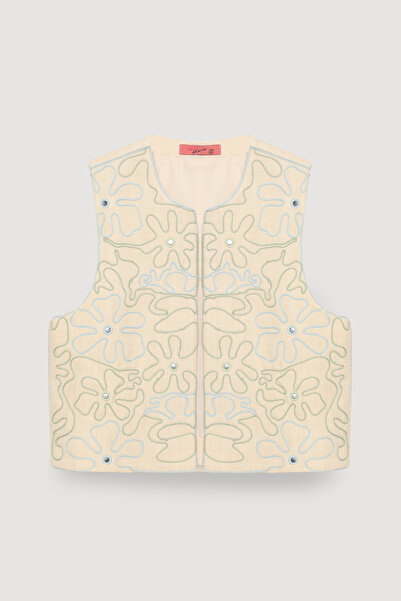 Quzu Sequin Detailed Embroidered Vest Natural