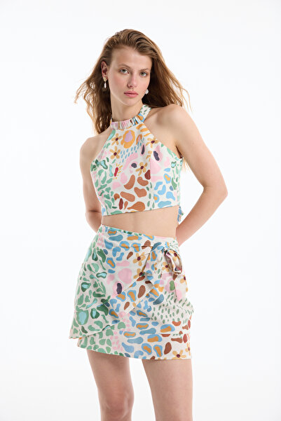 Quzu Λινό Crop Μπλούζα με μοτίβο που δένει την πλάτη Natural