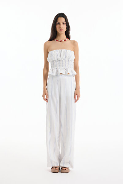 Quzu İnce Çizgili Yüksek Bel Pantolon Ekru