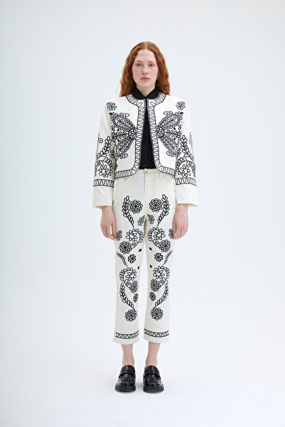 Quzu Nakış İşlemeli Yüksek Bel Pantolon Ekru