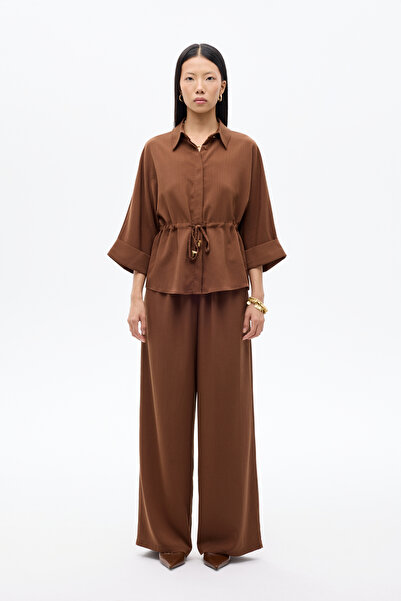 Quzu Lace-Up Cuff Sleeve Shirt Brown
