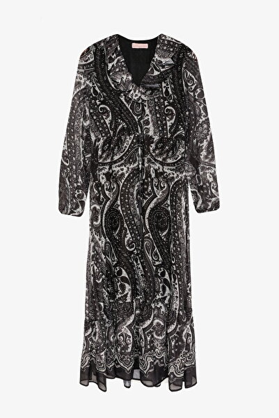 Quzu Дълга рокля с етнически мотиви и волани по яката, черна