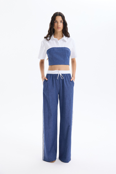 Quzu Side Stripe Written Denim Look Trousers Indigo