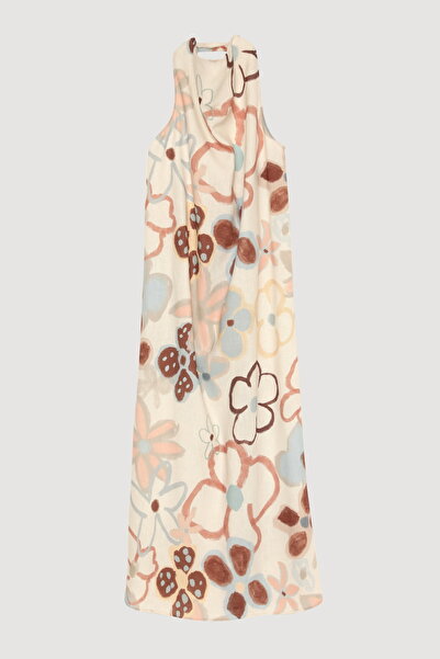 Quzu Довга сукня з відкритою спиною, з візерунком, з льону, що зав'язується на шиї, натурального кольору