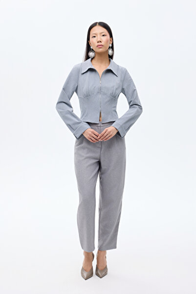 Quzu Klasik Yaka Önü Fermuarlı Dokulu Gömlek Gri