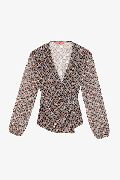 Quzu Ретро блуза с геометричен десен и кръстосани връзки, кафява