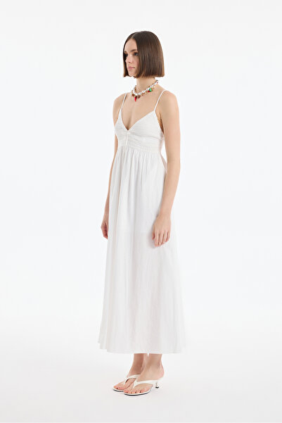 Quzu Rochie lungă cu bretele cu dungi Gipe Ecru