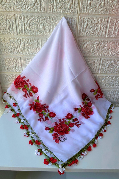Cenk Handcrafted Writing Clover Embroidered Scarf Cheesecloth Gift/Dowry