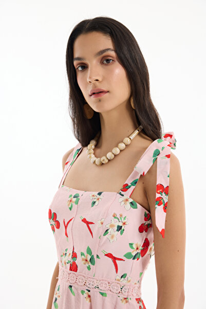 Quzu Domates Biber Desenli Askılı Mini Elbise Pembe