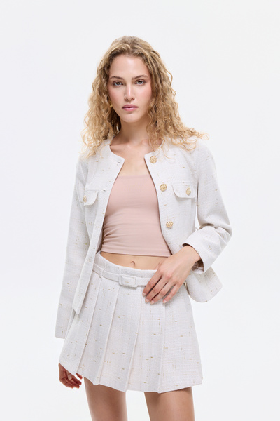 Quzu Kemer Detaylı Pileli Tüvit Mini Şort Etek Bej