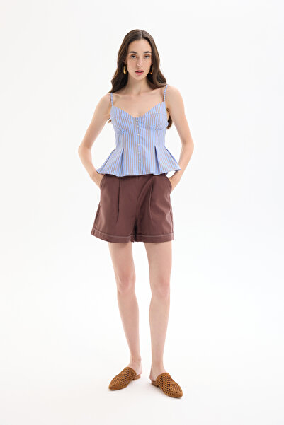 Quzu Striped Pleat Detailed Thin Strap Blouse Blue