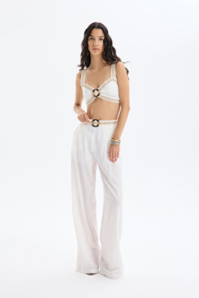 Quzu Toka Aksesuarlı Beli Nakışlı Bol Paça Pantolon Ekru