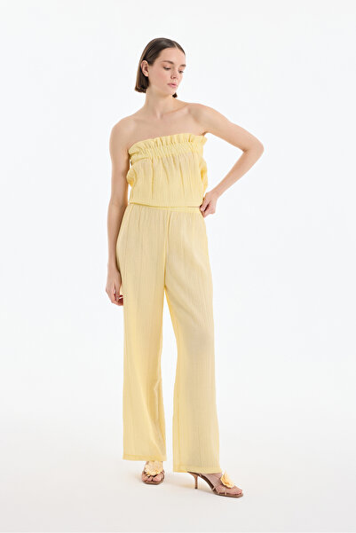 Quzu Gofre Kumaş Geniş Paça Pantolon Sarı