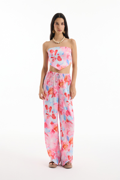 Quzu Floral Patterned Strapless Crop Bustier Blouse Pink