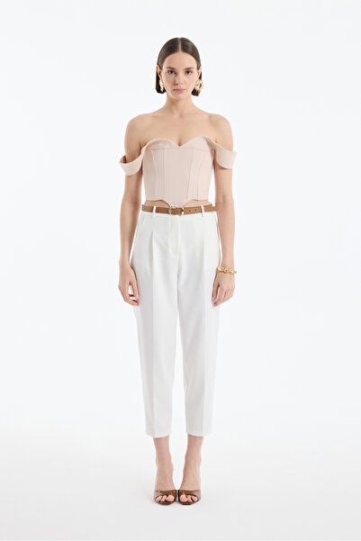 Quzu Sırtı İp Bağlamalı Asimetrik Crop Bluz Taş