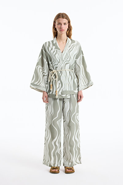 Quzu Wave Patterned Tied Linen Kimono Khaki