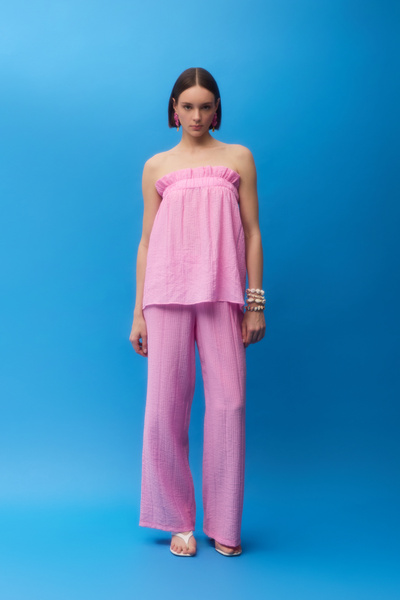 Quzu Wide Leg Trousers - Pink Seersucker Fabric