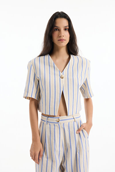 Quzu Single Button Striped Short Sleeve Jacket Ecru