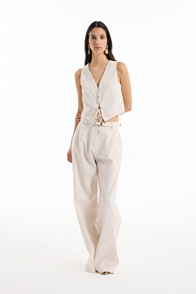 Quzu Hasır Kemerli İnce Çizgili Keten Pantolon Naturel