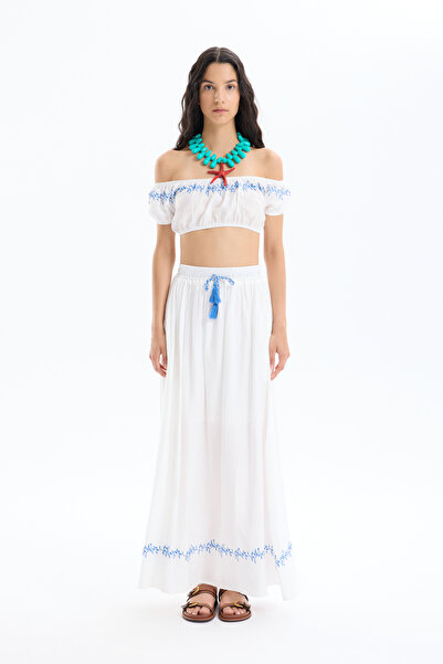 Quzu Nakış Detaylı Balon Kol Crop Bluz Ekru