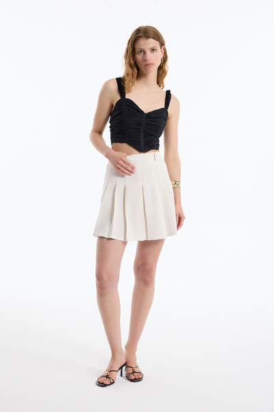 Quzu Belted Linen Pleated Mini Skirt Natural