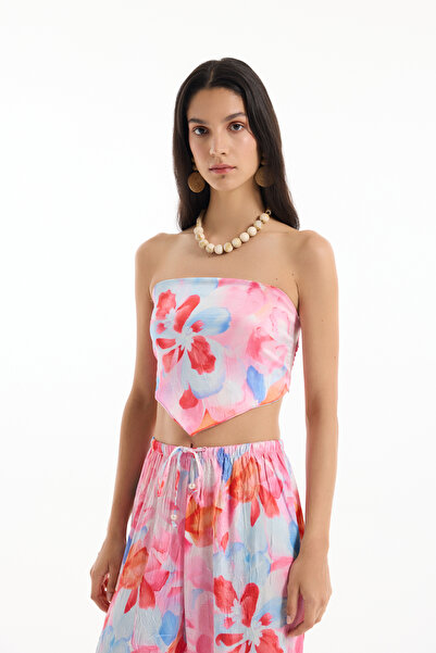 Quzu Floral Patterned Strapless Crop Bustier Blouse Pink