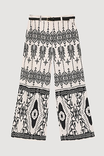 Quzu Ethnic Patterned Wide Leg Trousers with Belt Accessories Ecru