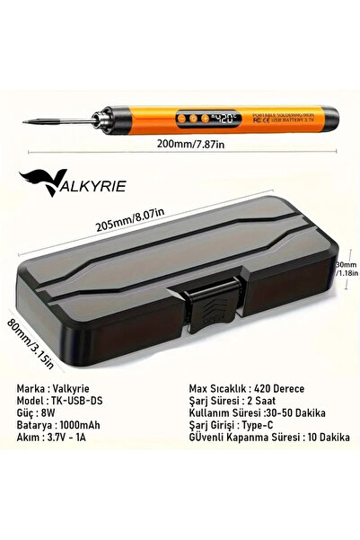 valkyrie Şarjlı Dijital Ekranlı Havya Seti 420°C Ayarlanabilir Sıcaklık Type-C Hızlı Şarj