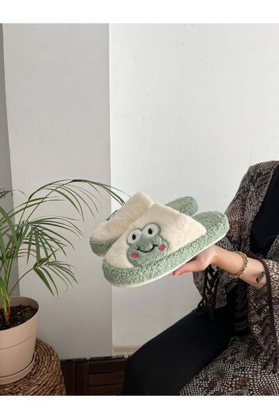 Behtah Kundura Plush Sweet Women's House Slippers - Frog Figured, Dowry and Bundle Slippers, Noiseless Thick Sole
