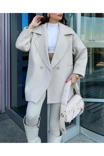 Modayıldızlar Yeni Sezon Bej Balık Sırtı Desenli Kaşe Kaban