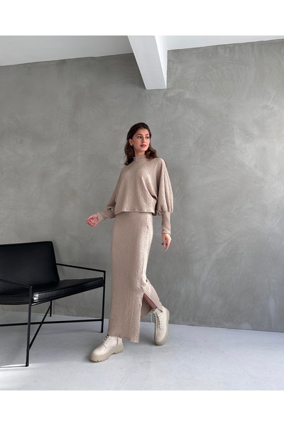 Fav Style Beige Women's Set - Half Stand Collar Blouse and Slit Long Skirt