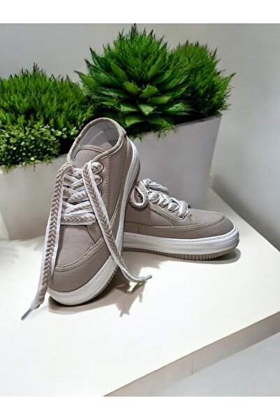 LANDSHOES Kadın Yüksek Taban Sneaker Keten Kumaş Bağcıklı Spor Ayakkabı