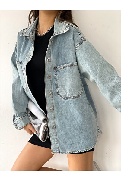 Fav Style Жіноча куртка великого розміру з довгим рукавом і подвійною кишенею для снігозахисту Сорочка світло-блакитна